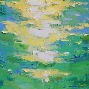 May include: Abstract painting with thick brushstrokes in shades of blue, green, and yellow. The colors blend together to create a sense of movement and depth.