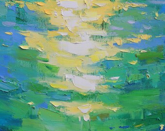 月光の道 水上の月 署名入り油絵 オリジナル 大きな縦長風景 満月 川の