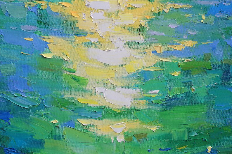 May include: Abstract painting with thick brushstrokes in shades of blue, green, and yellow. The colors blend together to create a sense of movement and depth.