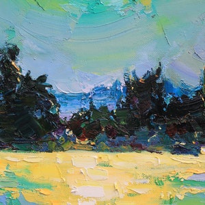 May include: A painting of a landscape with a field of yellow grass in the foreground and a line of dark green trees in the background. The sky is a light blue with hints of green and yellow.