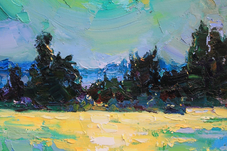 May include: A painting of a landscape with a field of yellow grass in the foreground and a line of dark green trees in the background. The sky is a light blue with hints of green and yellow.
