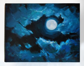 月光の道 水上の月 署名入り油絵 オリジナル 大きな縦長風景 満月 川の