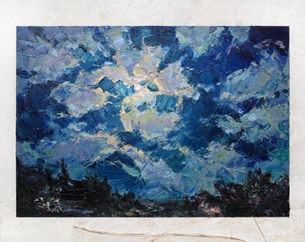 Mond Ölgemälde original, Nachthimmel Malerei, Kleines Ölgemälde, Wolkenmond Kunst, Nachtlandschaft, Signiertes Ölgemälde