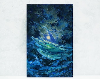 Moon oil painting original, night sky painting, Small oil painting, Cloud moon art, Night Landscape, Signed oil painting