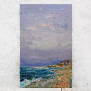 Seashore painting - Original Seaside Artwork, Ocean Beach Marine Scene with Sunset Clouds, Small Impressionist Art
