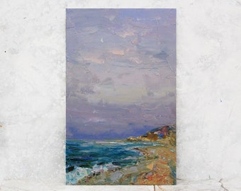 Meer Gemälde - Original Küsten Malerei, Ocean Beach Marine Szene mit Sonnenuntergang Wolken, kleine impressionistische Malerei