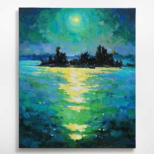 May include: A painting depicting a moonlit lake with a small island in the centre. The water is a deep blue with green and yellow highlights. The island is covered in dark trees. The moon is a bright yellow circle in the sky.