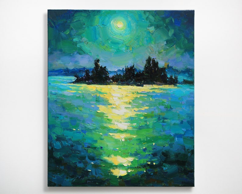 May include: A painting of a moonlit lake with a small island in the center. The water is a deep blue with green and yellow highlights. The island is covered in dark trees. The moon is a bright yellow circle in the sky.