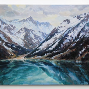 Mountain lake painting Original artwork Large canvas art Impressionism  Realism painting Mountains landscape Oil on canvas by A. Onipchenko