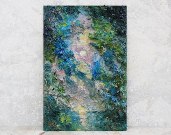 Texture full moon in clouds - Mystical abstract landscape, Small impasto oil painting of night sky