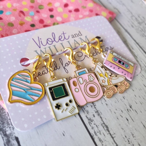 90s Kid Stitch Marker set - 5 pack, 80s Baby Stitch Markers, Nostalgia Progress Keeper set