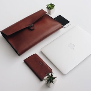 MacBook handgjord läderorganisatörsportfölj med dokumenthållare och iPad-fodral