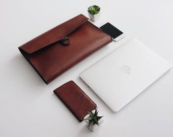 MacBook用ハンドメイドレザーオーガナイザーポートフォリオ（書類ホルダーとiPadスリーブ付き）