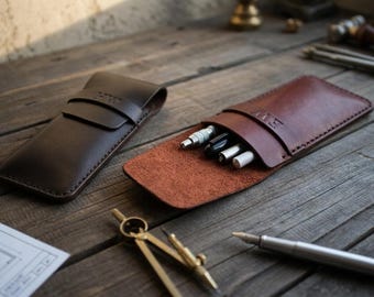 Groomsmen Gift Leather Pen Case, Personalized Triple Pen Holder, Slim Reading Glasses Case, Custom Fountain Pen Sleeve, 3rd Anniversary Gift