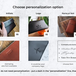 May include: A collage of images showing different personalisation options for a leather passport holder. The options include initials, a logo, or a name or text. The image also shows a list of fonts to choose from.
