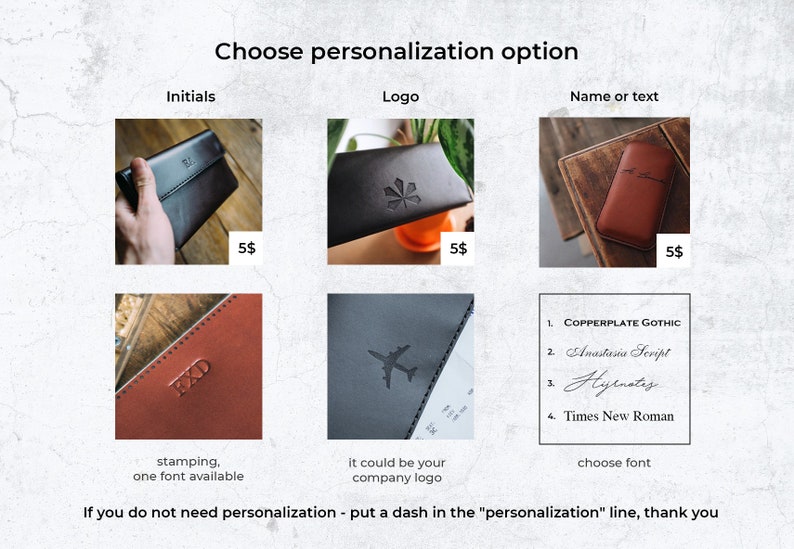 May include: A collage of images showing different personalisation options for a leather passport holder. The options include initials, a logo, or a name or text. The image also shows a list of fonts to choose from.