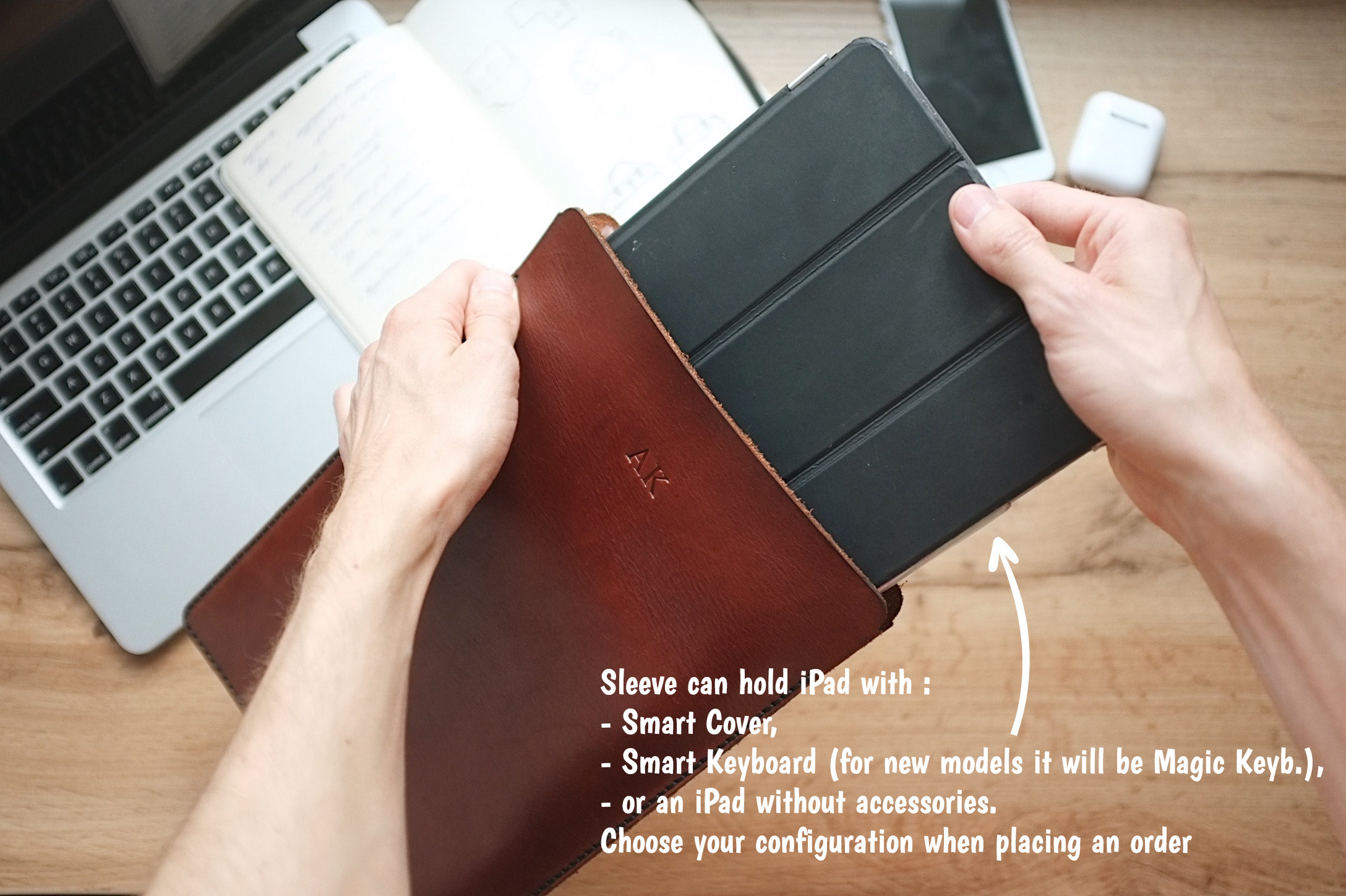 IPad leather case, Custom Sleeve with Pencil Holder, Smart Keyboard Cover. Fits Mini/Air/Pro 9.7/10.5/11/12.9"/13'