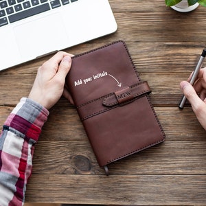May include: A brown leather journal with a strap closure and the initials "MTW" engraved on the front. The journal is on a wooden table with a laptop and a pen.