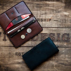 Cartera larga de piel personalizada con cremallera para iPhone y tarjetas