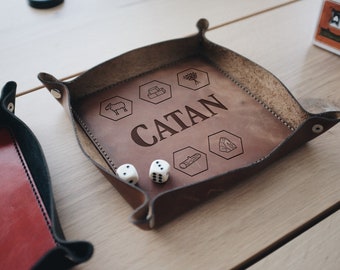 Leather Tray Valet, Personalized Dice tray, Catan, Faerun, day Gift, Engraved Catchall Ring or Key Tray, Office Desk or Entryway Decor