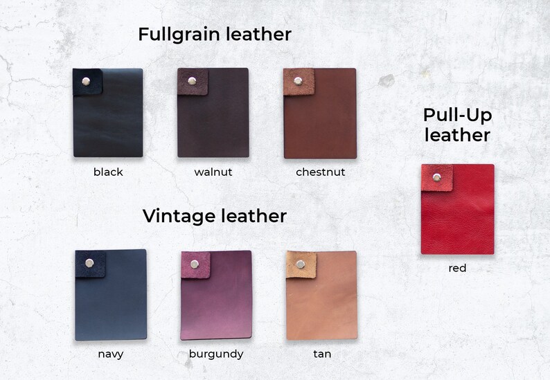 May include: Leather swatches in various colours and textures, including full grain, pull-up, and vintage leather. The swatches are labelled with their respective names: black, walnut, chestnut, red, navy, burgundy, and tan.