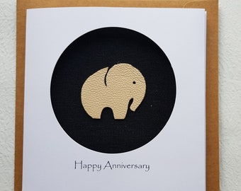 14th Anniversary Card, Ivory Leather Elephant, Handmade for Couple