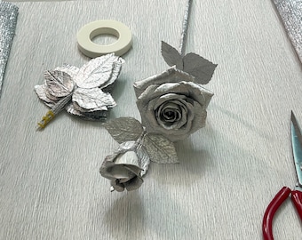 Aluminum Crepe Paper Rose with bud, Long stem rose gift for her, 10th tin anniversary gift