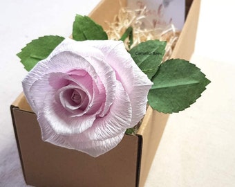 Paper Rose Gift, Single Long stem Paper Rose for Mothers Day, Valentines Day, Wedding Anniversary, Birthday (Light Purple)