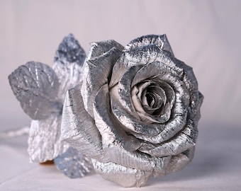 10th Anniversary Gift for Her, Tin Anniversary Gift, Aluminum Rose, 10 Year Wedding Anniversary Gift for Wife, Handmade Aluminum Foil Flower
