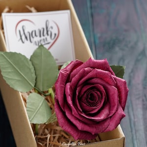 Paper Rose in Gift Box 1st year wedding anniversary gift for her, Handmade , Burgundy Deep Red Rose