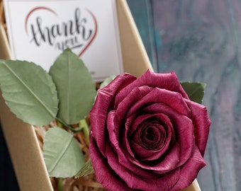 Paper Rose in Gift Box 1st year wedding anniversary gift for her, Handmade , Burgundy Deep Red Rose