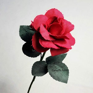 Linen Rose, 4th or 12th Year Wedding Anniversary Gift, Handmade Linen Rose, Single Long stem Flower, Red Rose image 1