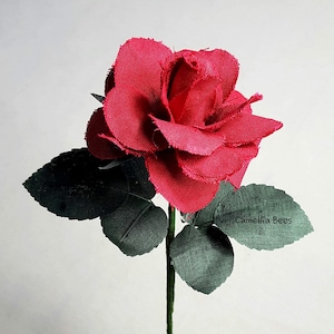 Linen Rose, 4th or 12th Year Wedding Anniversary Gift, Handmade Linen Rose, Single Long stem Flower, Red Rose image 2