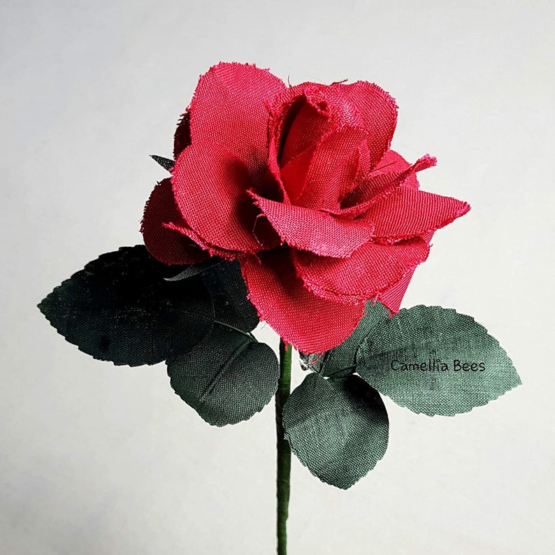 Linen Rose, 4th or 12th Year Wedding Anniversary Gift, Handmade Linen Rose, Single Long stem Flower, Red Rose image 2