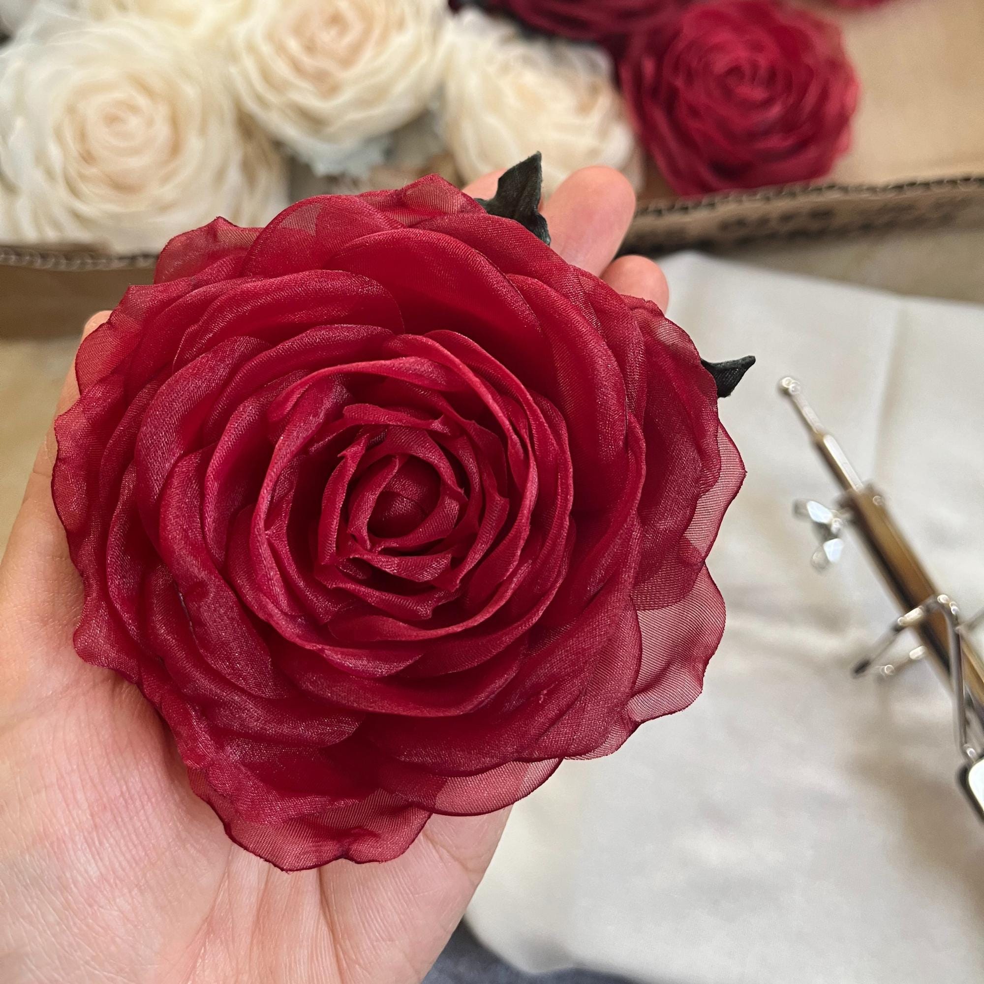 Silk Brooch, Rose Brooch 3,5' Silk Rose Flower Brooch. Rose
