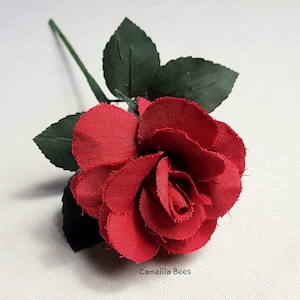 Linen Rose, 4th or 12th Year Wedding Anniversary Gift, Handmade Linen Rose, Single Long stem Flower, Red Rose image 3