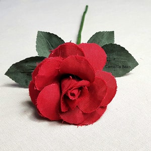 Linen Rose, 4th or 12th Year Wedding Anniversary Gift, Handmade Linen Rose, Single Long stem Flower, Red Rose image 4
