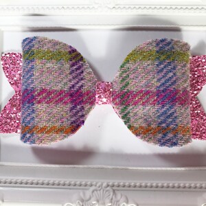 Large Harris Tweed lilac pink green orange tartan check Harris Tweed hair bow clip with pink glitter