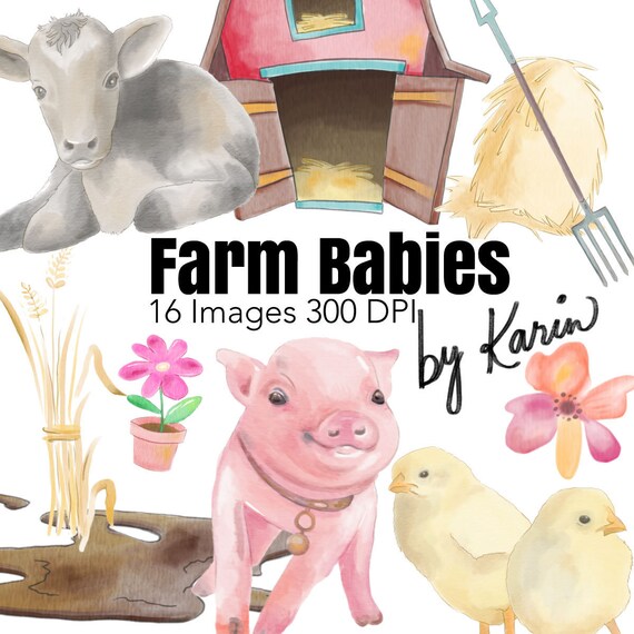 Watercolor Animal Clipart Farm Animals Barn Cute Baby Etsy