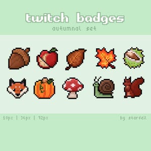 May include: Pixel art Twitch badges in an autumnal theme. The set includes an acorn, apple, leaf, maple leaf, chestnut, fox, pumpkin, mushroom, snail, and squirrel. The text "twitch badges" and "autumnal set" are at the top.
