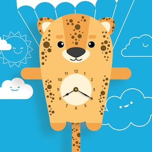 May include: A whimsical wall clock shaped like a cartoon leopard with a parachute, set against a blue sky background with smiling clouds and a sun. The clock face is white with black hands and numbers.