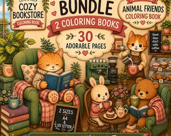 Cozy Bookstore Cafe Coloring Book Bundle, Animals, 30 Pages (Digital PDF Download)