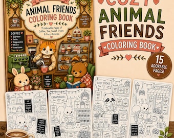 Cozy Animal Cafe Coloring Book, Adorable Friends, Coffee Shop Scenes (Digital PDF)