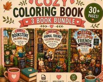 Cozy Coloring Book Bundle, Animals, Cafes, Autumn Scenes (Digital PDF Download)