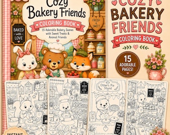 Cozy Bakery Friends Coloring Book, Kawaii Animals & Treats (Digital PDF)