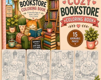Cozy Bookstore Coloring Book, Animals, Reading Theme, Printable PDF (Digital Download)