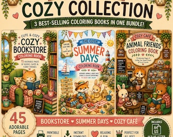 Cozy Coloring Book Bundle: Bookstore, Animal Cafe, Summer Scenes (Digital PDF Download)