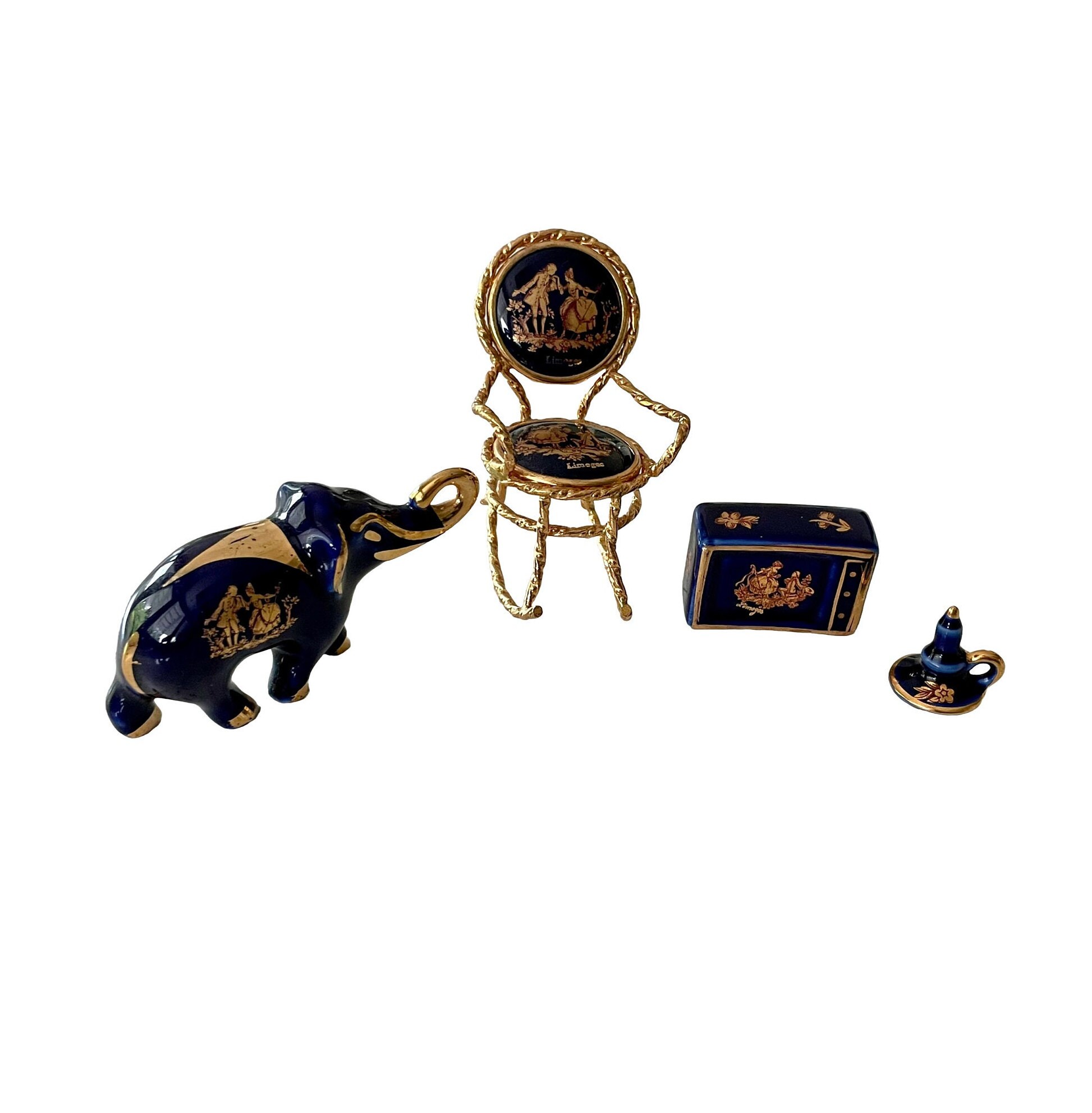 Vintage Colbalt Blue and Gold Limoges Elephant, Chain, T.V. and Candle Stick
