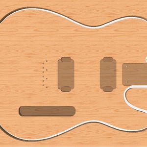 Puede incluir: Un contorno de cuerpo de guitarra marrón claro con un borde blanco. El cuerpo presenta recortes para pastillas, un puente y otros herrajes. La veta de la madera es visible.