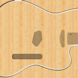 May include: A light-colored wooden guitar body with a white outline. The body has cutouts for the pickups, bridge, and neck. The wood grain is visible, and the body is unfinished.